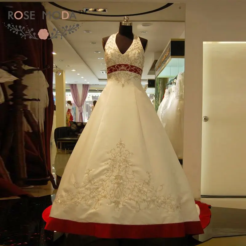Luxury Embroidery Halter White and Red A Line Wedding Dress 2176 Beaded Bridal Gown Vestidos de Noiva Real Photos | Свадьбы и