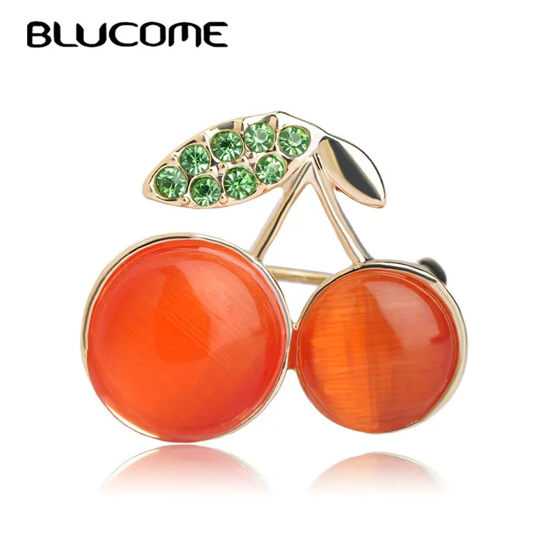 Женская брошь в форме вишни Blucome маленькая с зелеными кристаллами украшение