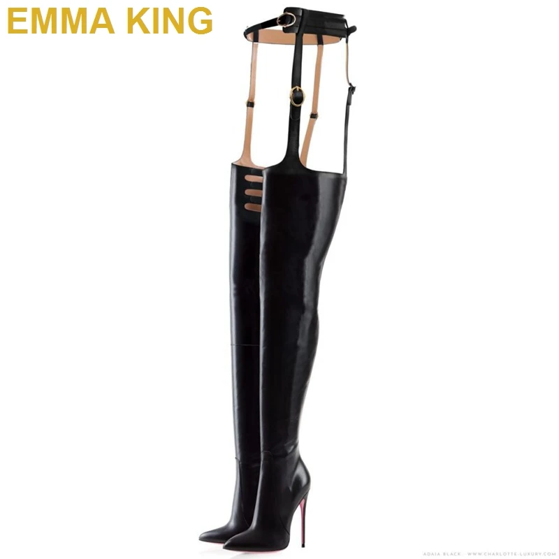 black patent leather Г. Зимние ботфорты до бедра женская обувь на высоком каблуке черные/красные кожаные сапоги с высокой талией и поясом дамские туфли-лодочки - Цвет: black patent leather
