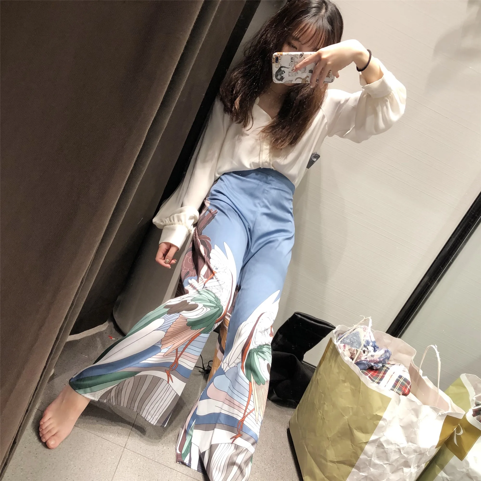 CHEERART Japanese Wide Leg Pants Women Ukiyoe Print Summer Loose Trousers Palazzo Blue Clothing | Женская одежда