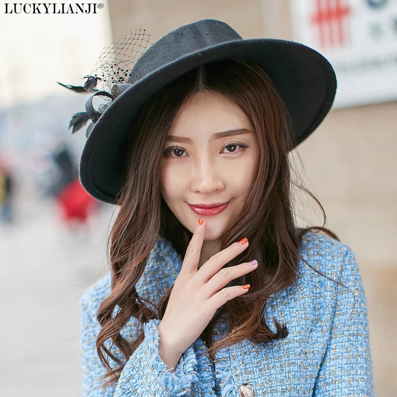 

LUCKYLIANJI Women Female British Roll Flower Wool Felt Fashion Wide Brim Fedora Porkpie Pork Pie Bowler Hat (57CM Adjust)