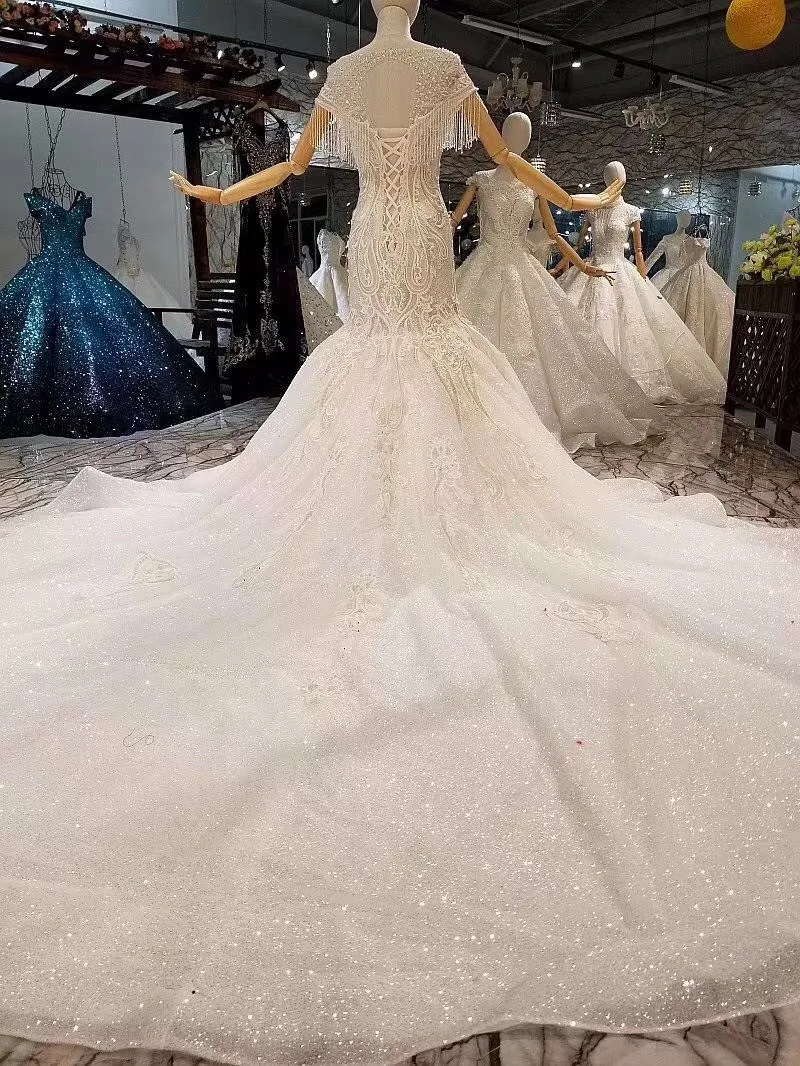 H&S BRIDAL Mermaid Wedding dresses Crystals short sleeve Elegant wedding dress robe de marriage with long luxury veil vestidos