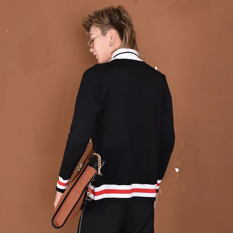 2019 Spring Autumn Unique Elegant Knitwear Sweaters men casual slim V-neck Cardigan for Plus size Stage costumes | Мужская одежда