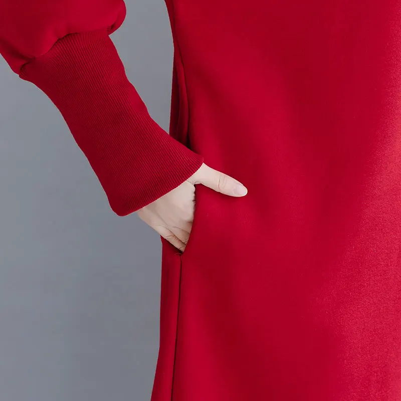Oladivi Plus Size Women Velvet Hoodies& Sweatshirt Ladies Turtleneck Warm Coat Female Winter Long Top Tunic Vestidios Red Black
