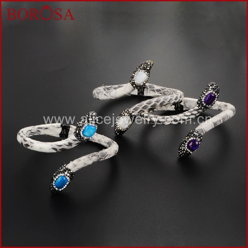 

BOROSA double natural stone white shell pearl bangle snakeskin cuff bangle leather stone bead stainless stell gems bangle JAB508