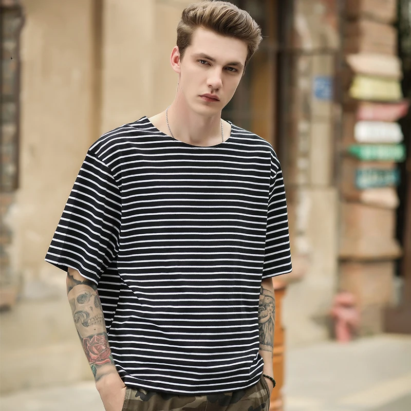 Футболка мужская свободного покроя в полоску брендовая тенниска стиле High Street