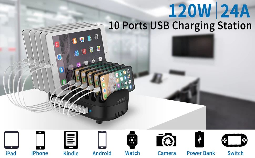 NTONPOWER 10 портов usb зарядная станция с держателем для телефона 120 Вт настольное зарядное устройство для планшетов Kindle быстрая зарядная док-станция для школы