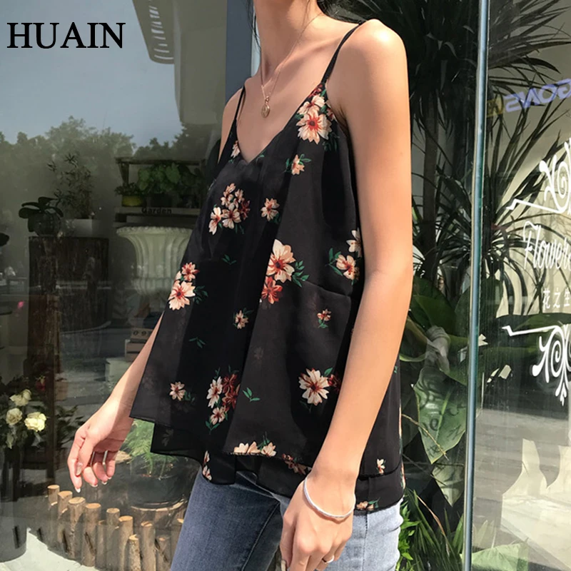 Женский топ на бретельках свободный шифоновый без рукавов с цветочным принтом