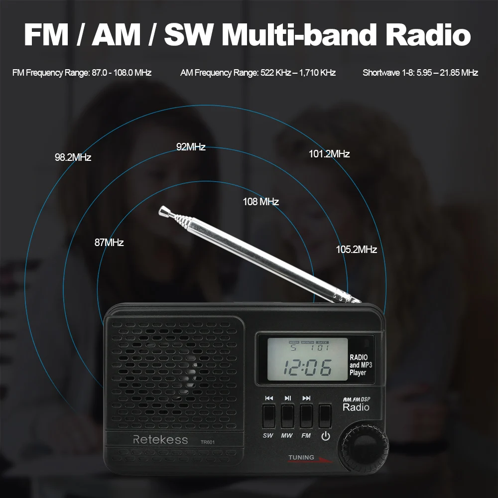 Retekess TR601 FM/AM/SW радио многополосный цифровой стерео радио приемник ж/MP3 колонки наушники Выход Время антенна дисплея радио