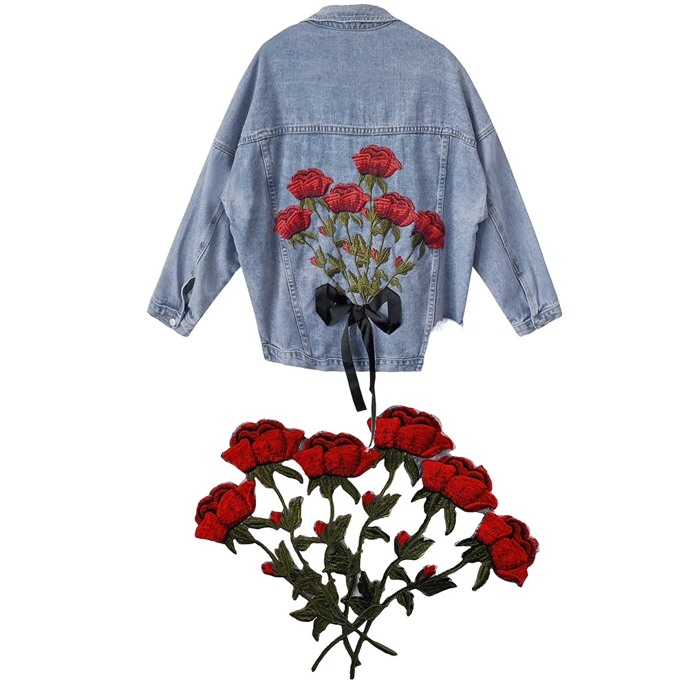 10 шт. большой красный зеленый цветок розы Вышивка железа на аппликации заплатки