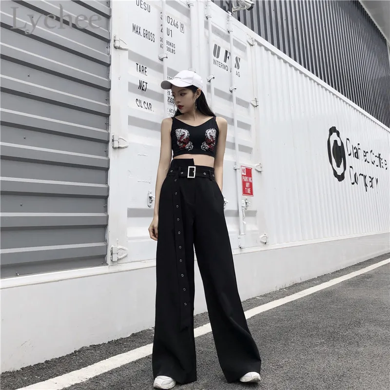Lychee Harajuku пояс широкие ноги женские Брюки Высокая талия сплошной цвет полная длина брюки весна осень повседневные свободные женские брюки