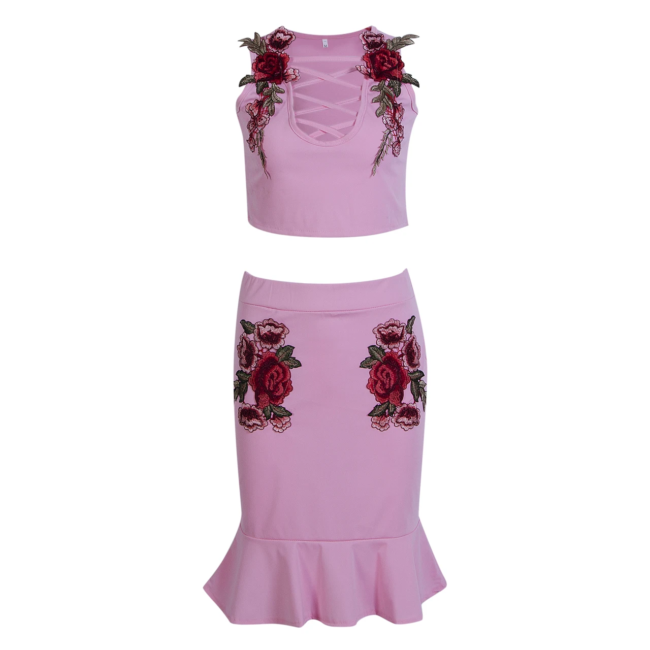 Fashion Womens Floral Bandage Sleeveless Crop Top and mermaid skirts Set Evening Party women's suit two piece set costume |