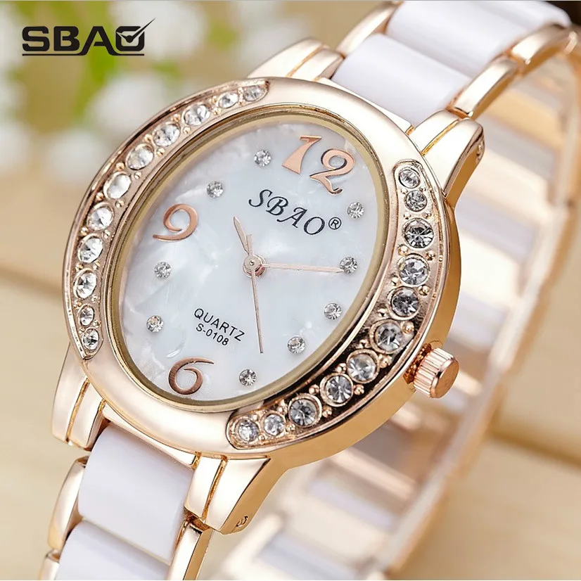 SBAO Brand Luxury Fashion Women's Quartz Watch Imitation Ceramic Casual Rhinestone Girl Clock Ladies Dress wristwatches | Наручные