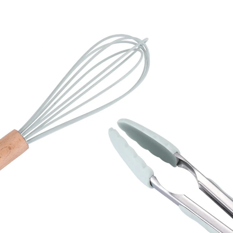 

9pcs/set Silicone Kitchen Gadgets Set Wood Handle Non-stick Utensils Tools Resistant Spoon Spatula Egg Beaters Dinnerware Items