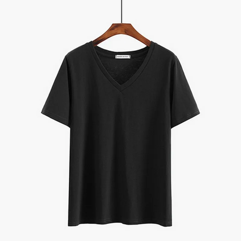 Casual Cotton T-shirts Summer Short Sleeve Tee For Women V-neck Solid Color Brief Tshirts Female Loose Bottoming Tops 9 | Женская одежда