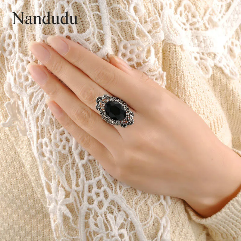 Nandudu марказит кольца черный камень Австрийские кристаллы Новое Поступление Женское кольцо в виде цветка, ювелирное изделие подарок R1037