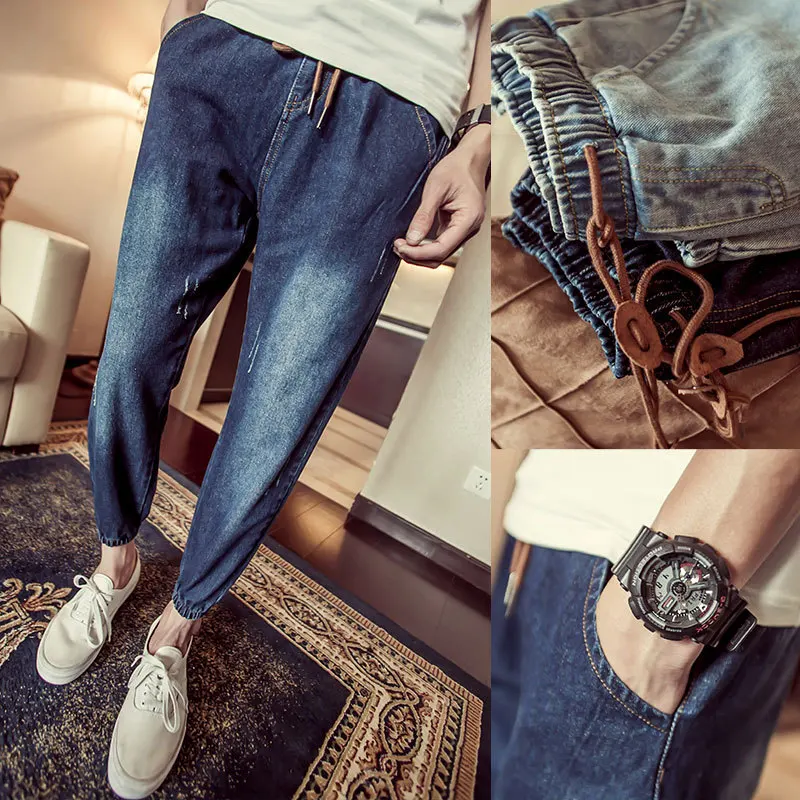 

Fashion 2020 Spring Autumn Young men's clothing beam foot trousers elastic waist Ripped hip hop students feet pants ripped jeans