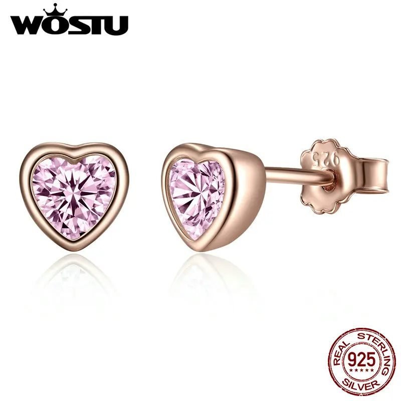 WOSTU Authentic 925 Sterling Silver Rose Gold Sparkling Heart Stud Earrings For Women Pink CZ Jewelry Birthday Gift | Украшения и
