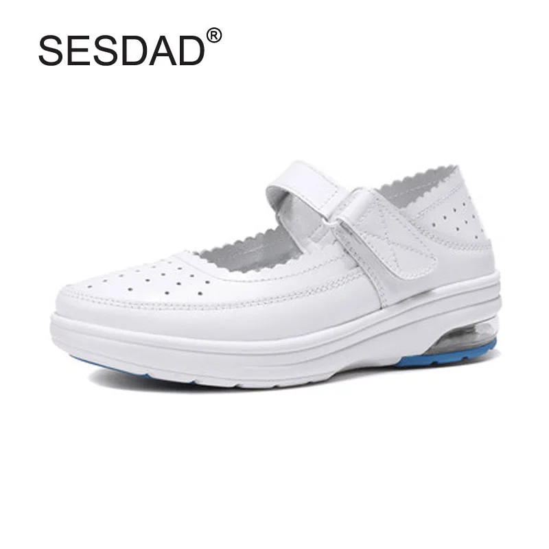 Genuine Leather Women Flat Platform Shoes Round Toe White Nurse Work Shoes Woman Cut-out Female Loafers Moccasins Shoes Big Size