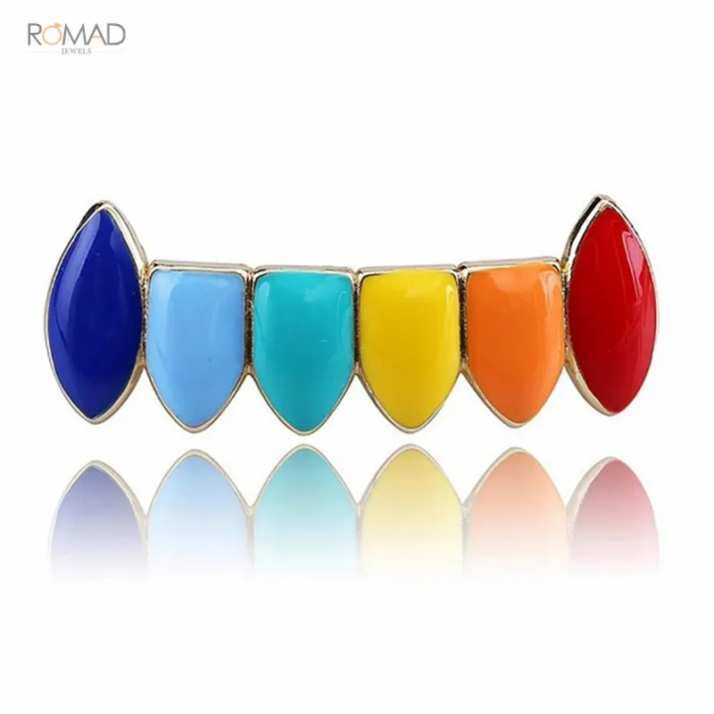 Gold Bottom Romad, хип-хоп, золотые, серебряные, радужные зубные решетки, верх и низ, цветные грили, стоматологические, на Хэллоуин, вечерние, в стиле панк, украшения для тела W3 - Окраска металла: Gold Bottom