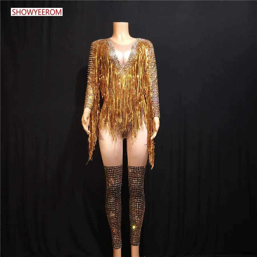 Модный сексуальный золотистый костюм Стразы женский наряд одежда для вечеринки