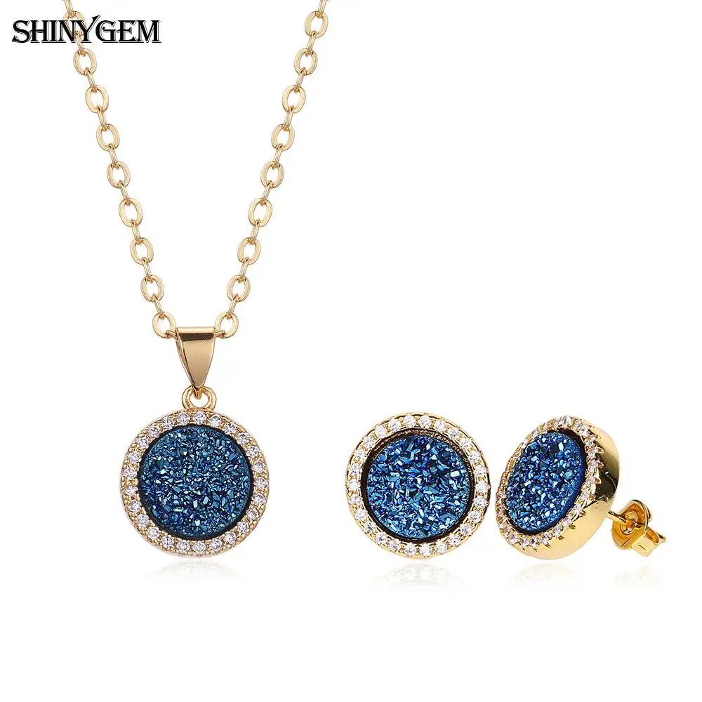 ShinyGem Noble Druzy Earrings Necklace Set Gold Color Round Zircon Party Jewelry Crystal Natural Stone For Women | Украшения и