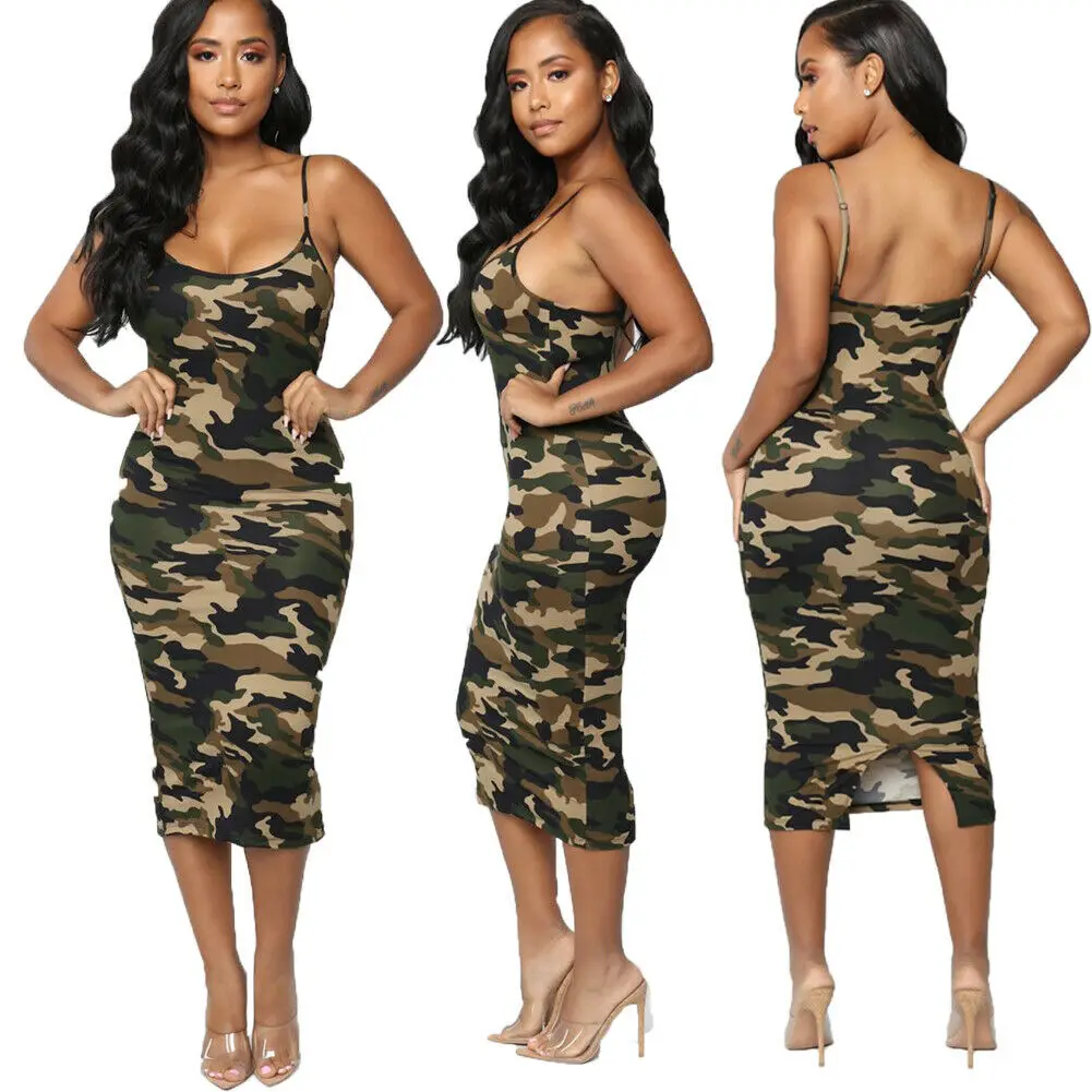

Sexy Women Casual Sleeveless Bodycon Dress Camouflage Print Clubwear Strap Summer Dress