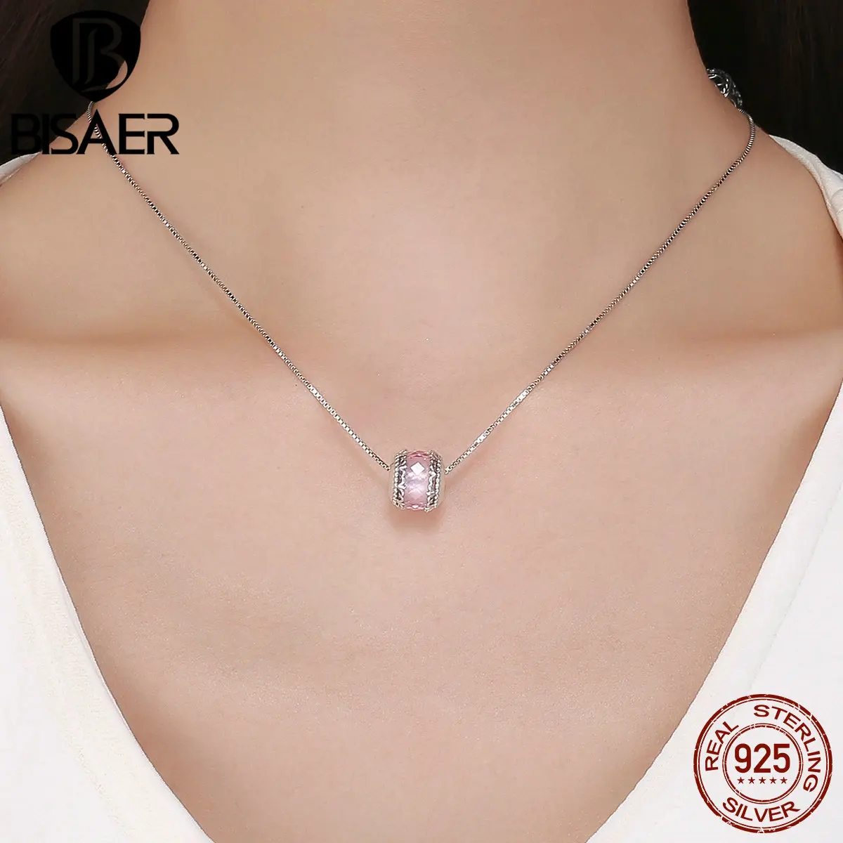 BISAER Genuine 925 Sterling Silver Pink Crystal Lily Flower Iris Brand Beads Charm Women Bracelet Jewelry HSC711 | Украшения и