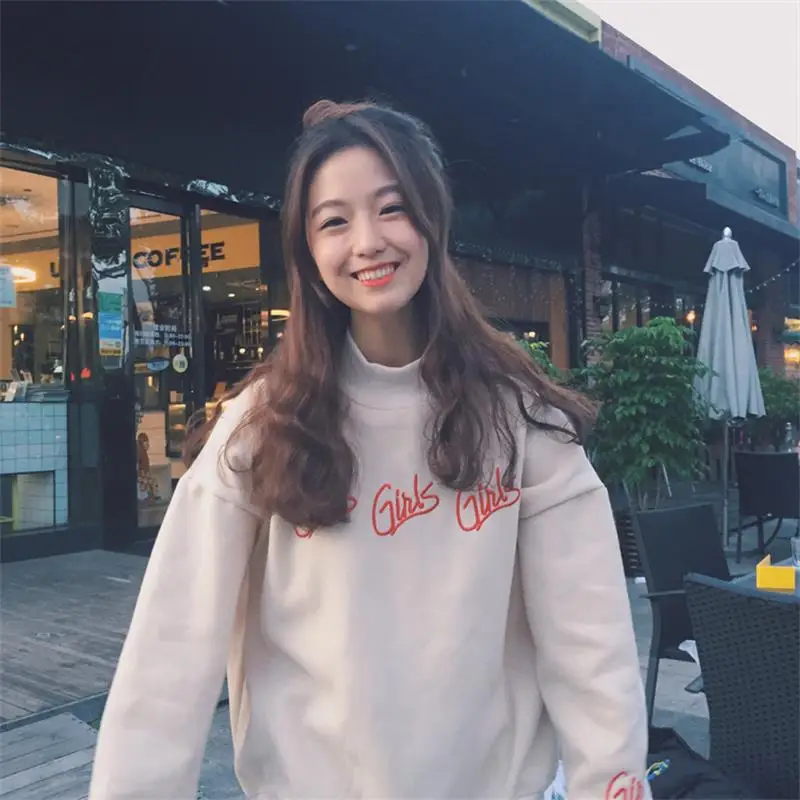 Женские кофты Япония Harajuku Ulzzang шикарный колледж Вышивка буквы Высокий воротник бархат толстый свитер