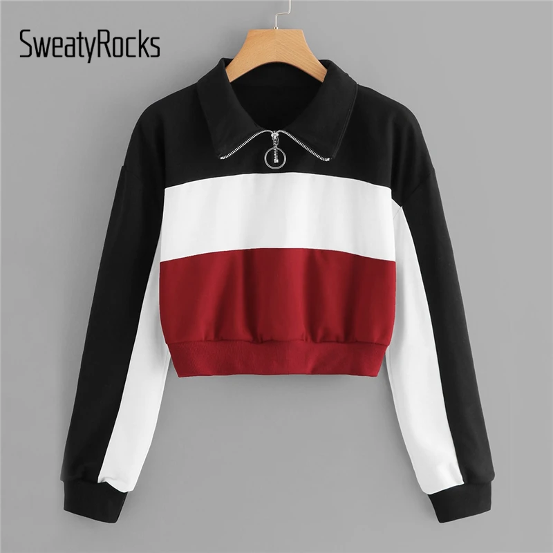 SweatyRocks, цветная толстовка на молнии, женские топы, отложной воротник, длинный рукав, уличная одежда, Осенние повседневные толстовки