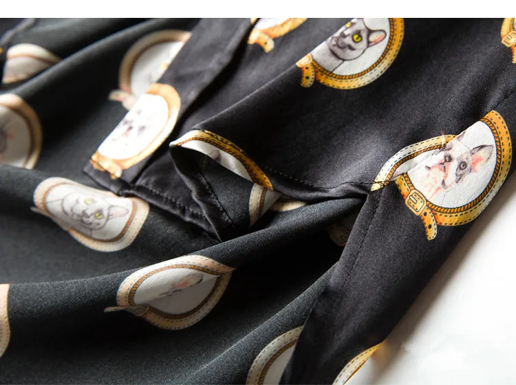 100% натуральный шелк блузки кошка принт длинный рукав Блузка Топы Для Женская