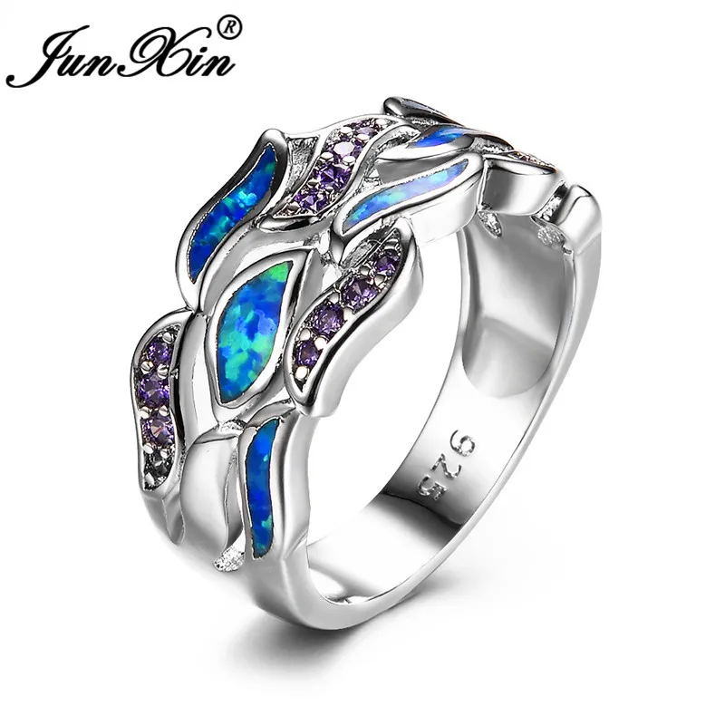 Blue Opal Ring JUNXIN Boho женские волнистые кольца для мужчин и женщин 925 пробы серебро Заполненные Синий Белый огненный опал кольцо фиолетовый циркон обручальные кольца CZ - Цвет основного камня: Blue Opal Ring