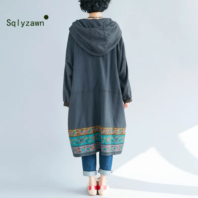 

2019 Winter Muslim Women Cotton Long Hoodies Dress Ladies Long Sleeve Print Loose Retro Oversized Hoodie Pullover Top Mujer Coat