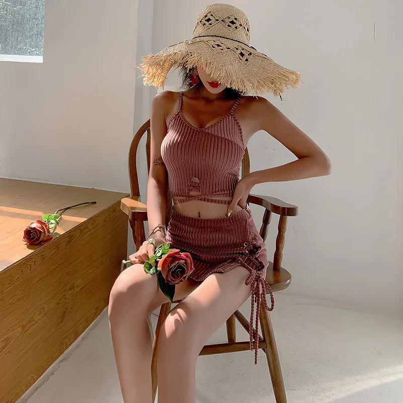 Swimsuit Women Bathing Suit Swim 2019 New Summer Clothes For Korean Vintage Velvet Split Girl Tied Skirt High Waist Beach | Спорт и