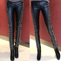 new arrival fashional women punk style heavy metal rivets handmade tight pu leather full length pencil pants for women