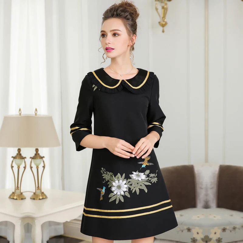 2018 осеннее элегантное платье с вышивкой милое воротником Питер Пэн и короткими