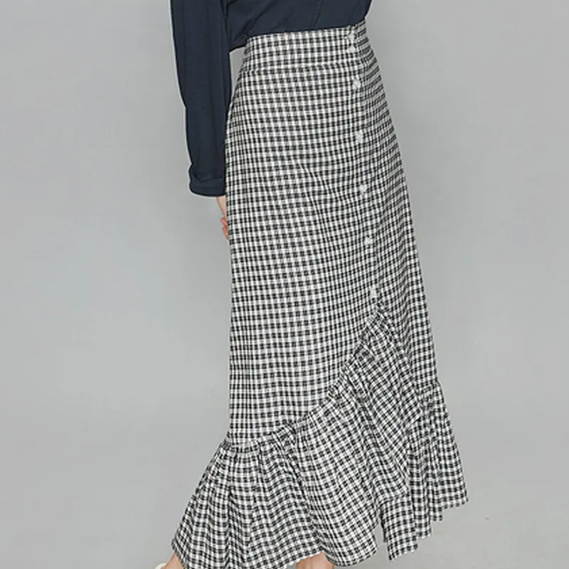 EXOTAO Button Front Асимметричная рюшами Длинные клетчатая юбка для Для женщин сезон: