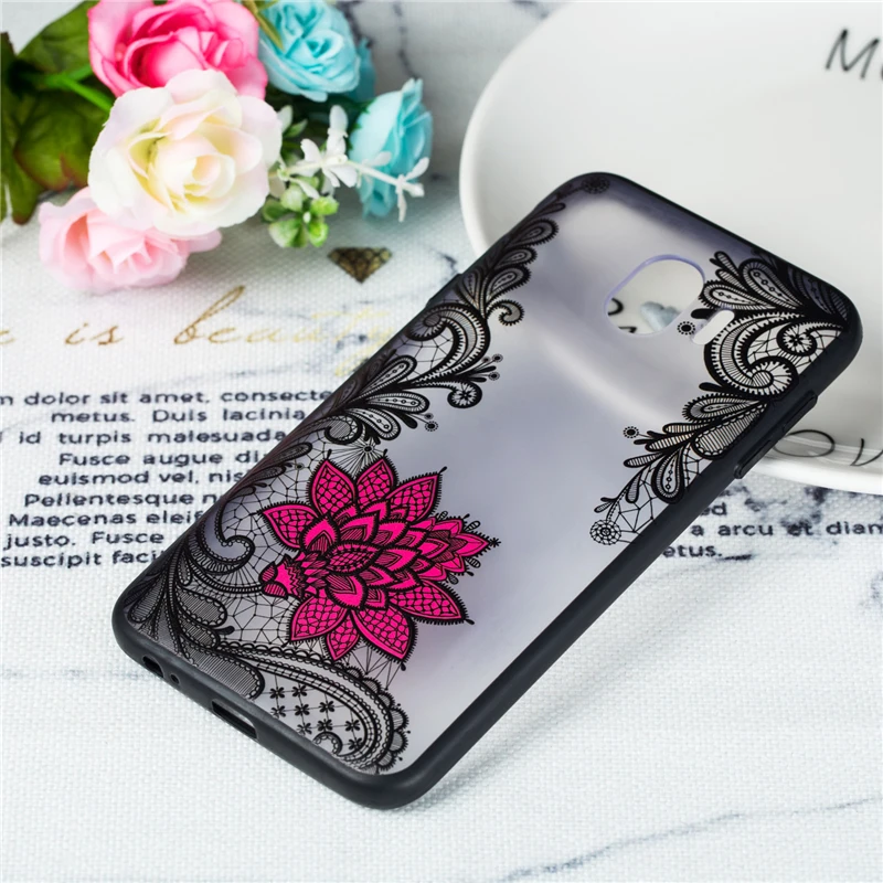 For Samsung Galaxy J4 2018 Case Lace Floral Phone Cases Black Rose Relief Hard PC Back Cover for Fundas J400F |