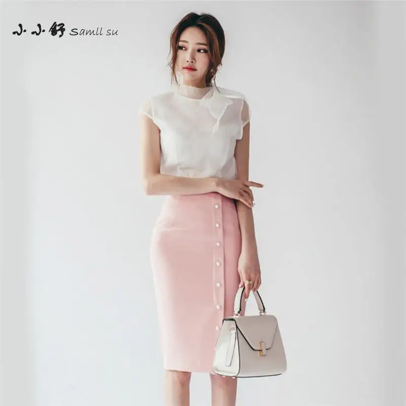 2 Piece Set Summer Office White Chiffon Women Sundress Bandage Vintage Sexy Bodycon Pink Pencil Dresses 2017 Vestidos De Festa | Женская