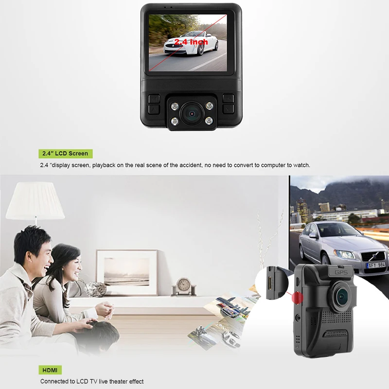 JUEFAN 2 4 &quotэкран HD 1080P фронтальная и задняя встроенная GPS Автомобильная DVR