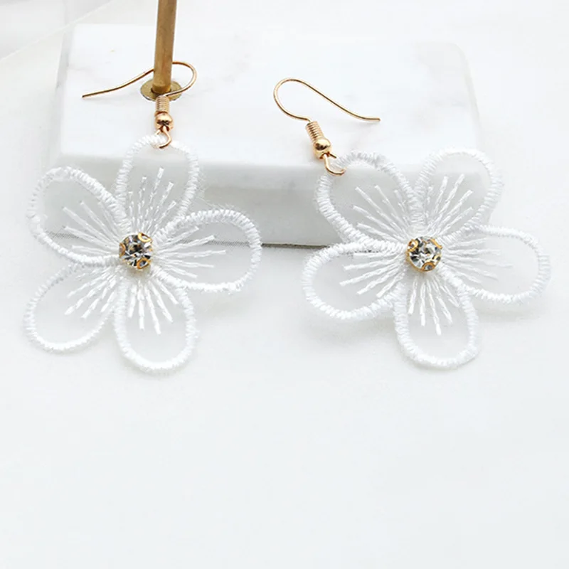 New Summer Flowers White with Rhinestones Chiffon Lace Long Dangle Earrings Big Drop for Women Jewelry Fashion | Украшения и