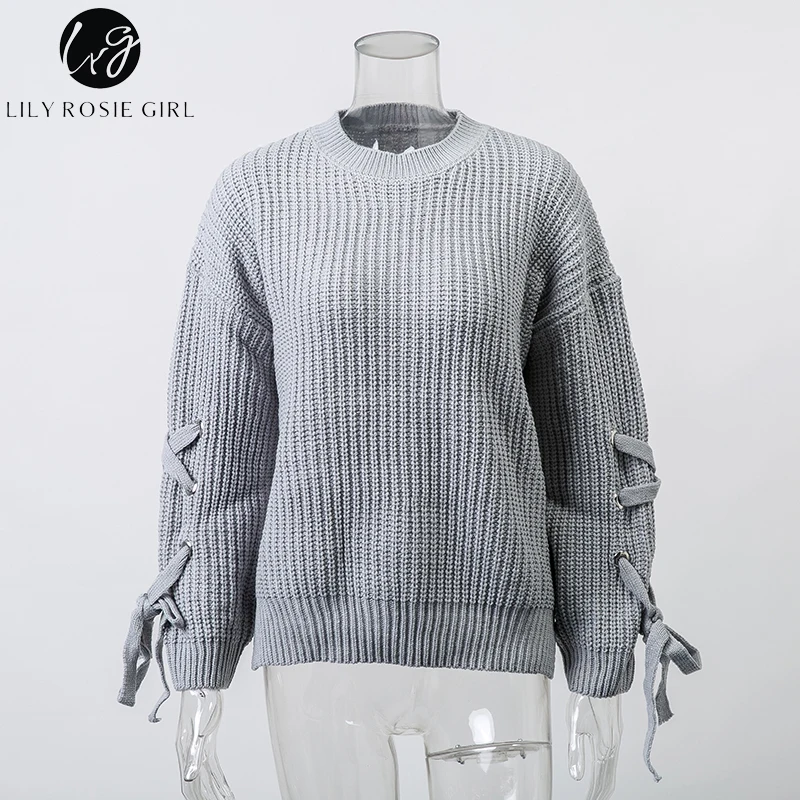 Lily Rosie Girl Gray Lace Up Casual Women Sweaters Knitted Long Sleeve O Neck Autumn Winter Side Off Shoulder Pullovers Jumper | Женская