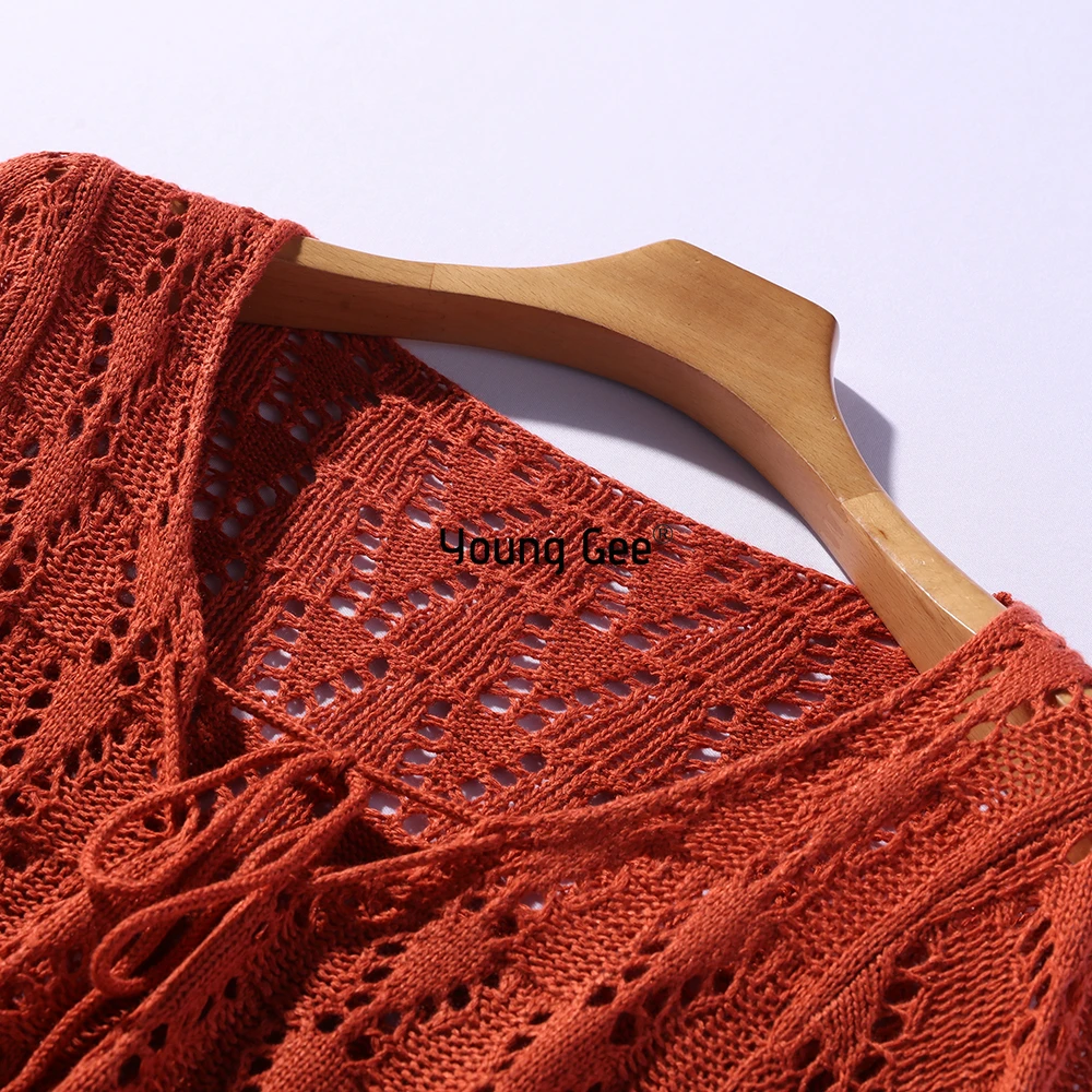 Young Gee Sweaters Women Casual Knitted Long Flare Sleeve Tops Crochet Floral Female High Street Chic Lace Up Pullover Jumper | Женская