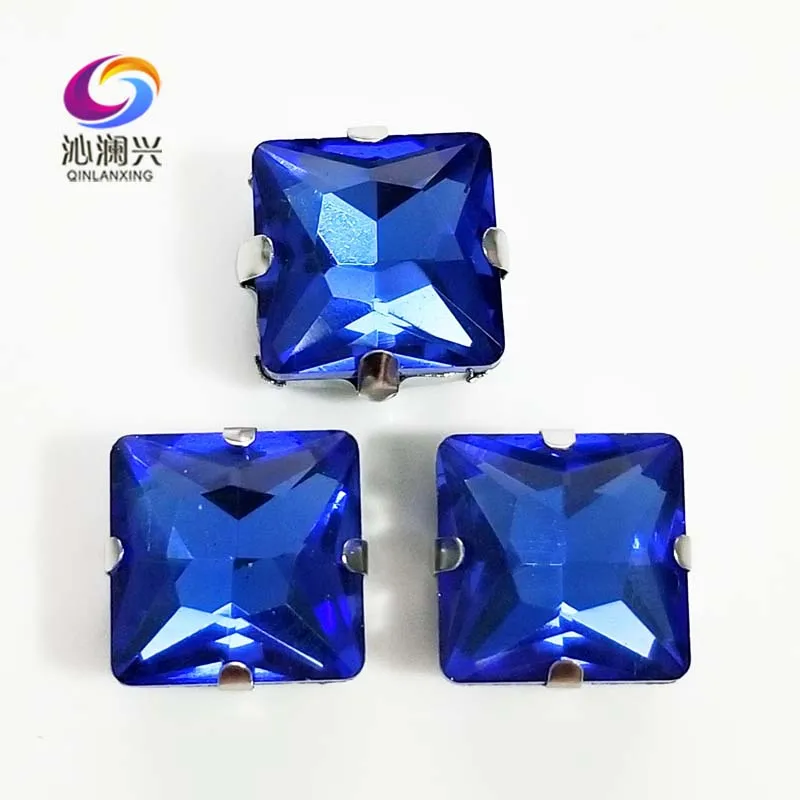 

Light blue top quality Glass Crystal sew on stones,square shape claw rhinestone with holes,Diy/Clothing accessorie SWZ412