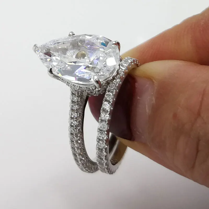 COLORFISH Роскошные 5ct груша Помолвочное с солитёром кольцо набор Настоящее серебро 925 проба обещания Ювелирные изделия женский набор колец