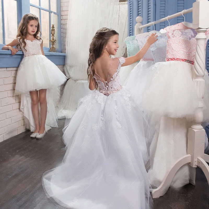 Toddler flower girl ball gown dress white party elegant evening tutu with tail ceremony wedding 1st birthday | Детская одежда и