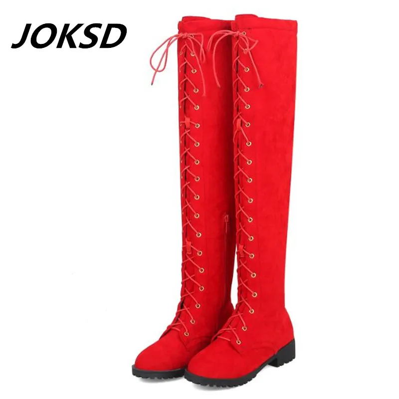 JOKSD/Новинка 2018 года Замшевые женские ботфорты выше колена на шнуровке пикантная