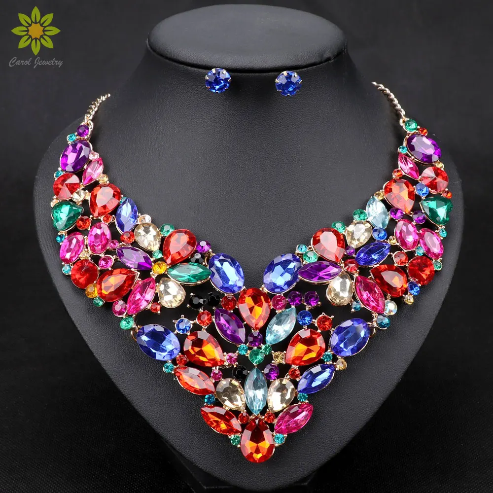 10 цветов модные стразы Свадебный комплект ювелирных изделий свадебные вечерние