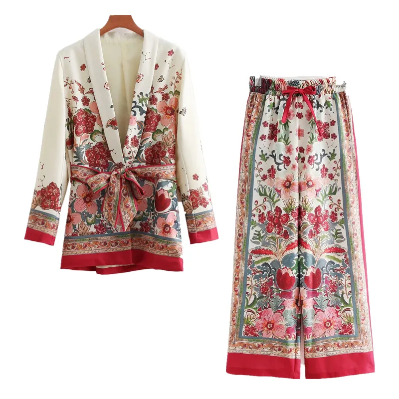 Women's suit female retro style flower Matching Belt pattern blazer European-style casual holiday jacket + pants Suits pajamas |