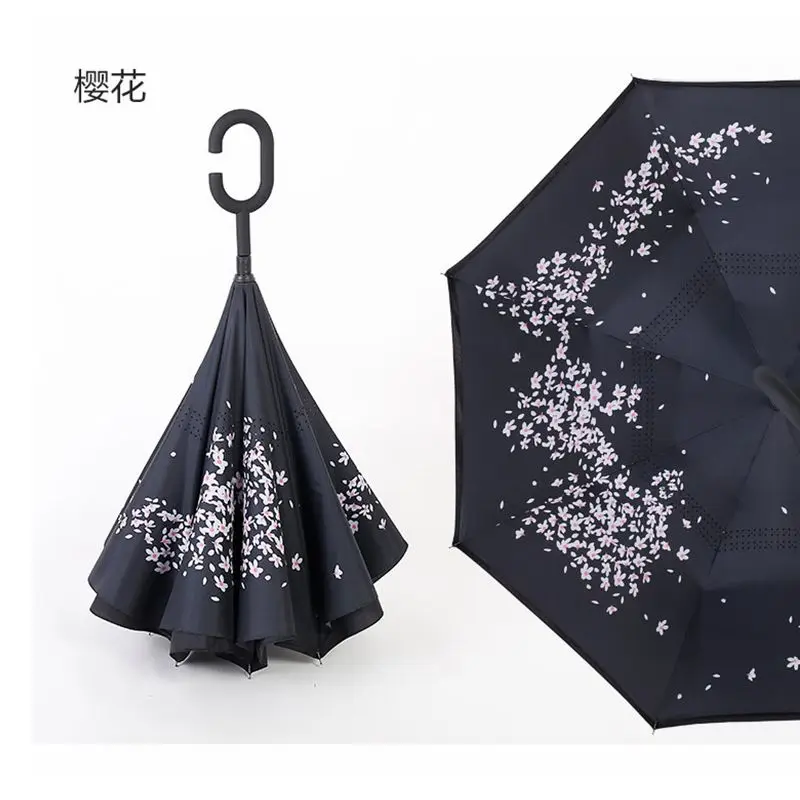 Ветронепроницаемый складной двухслойный перевернутый зонтик с длинной ручкой